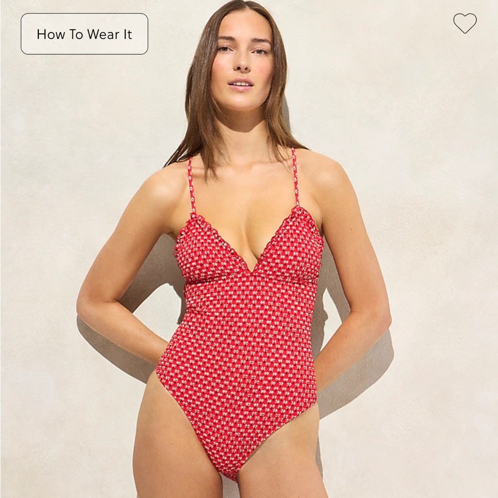 J. Crew Red smocked ruffle-trim One-Piece Swimsuit size 4 long torso